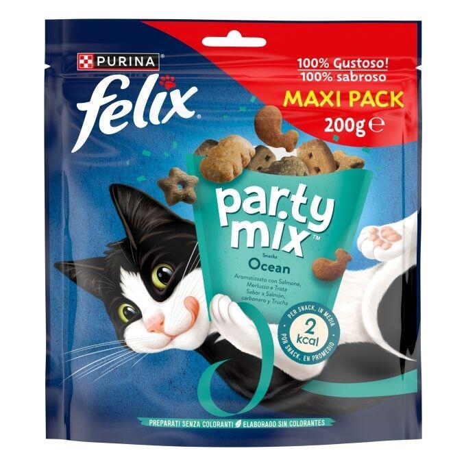 Pack Felix Party Mix Ocean Maxi Pack 200 g con gato y snacks sabor salmón, carbonero y trucha.