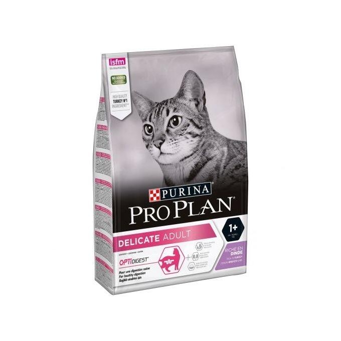Saco Purina Pro Plan Delicate Adult rico en pavo para gatos adultos con digestión sensible.