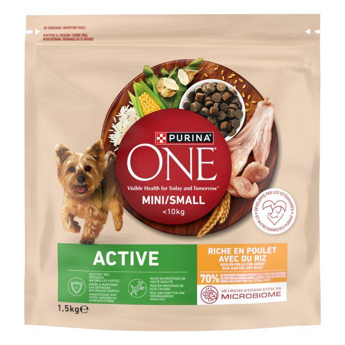 Purina ONE Mini/Small Active rico en pollo con arroz, saco de 1,5 kg