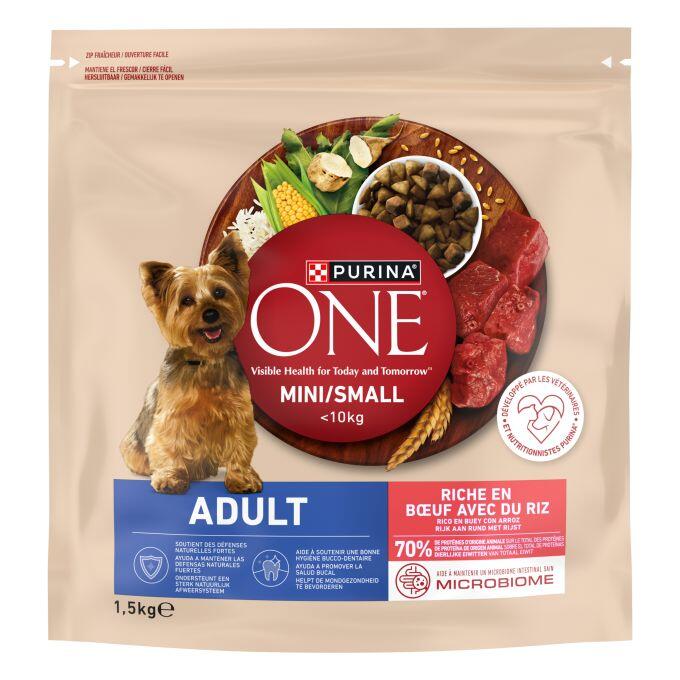 Purina ONE Mini/Small Adult rico en buey con arroz, saco de 1,5 kg