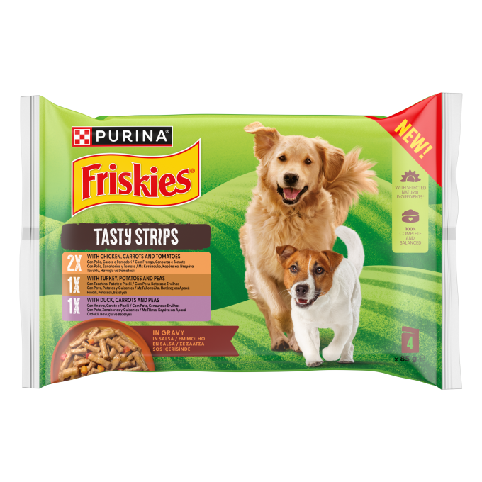 Pack Purina Friskies Tasty Strips en salsa para perros adultos, con cuatro sobres de diferentes recetas.
