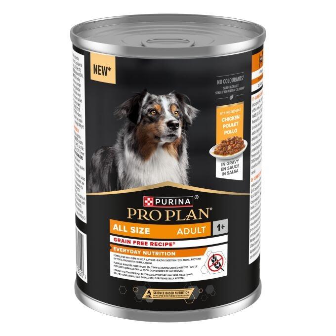 Lata de Purina PRO PLAN Adult, alimento húmedo para perros adultos, con pollo en salsa y receta sin cereales.