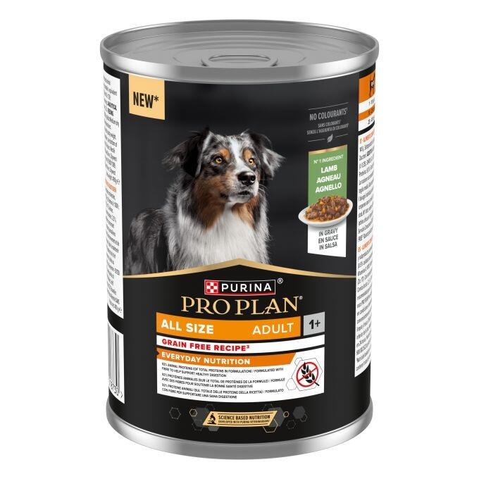 Lata de Purina PRO PLAN Adult de cordero en salsa para perros adultos, con receta sin cereales.