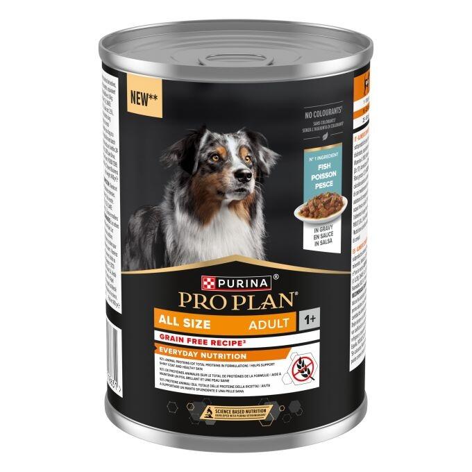 Lata de Purina PRO PLAN Adult de pescado en salsa para perros adultos, con receta sin cereales.