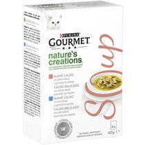 PURINA® GOURMET® Nature's Creations Soup con salmón natural y guarnición de verduras y con atún natural y guarnición de gamba