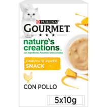 PURINA® GOURMET® NATURE'S CREATIONS Exquisito Puré Snack Liquido con Pollo y Calabaza Vista Frontal