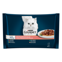 PURINA® GOURMET® PERLE Finas Láminas en Salsa con Buey, Pollo, Conejo, Salmón Vista Frontal