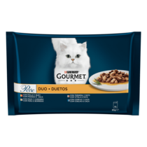 PURINA® GOURMET® PERLE Finas Láminas DUO con Carnes Delicadas Vista Frontal