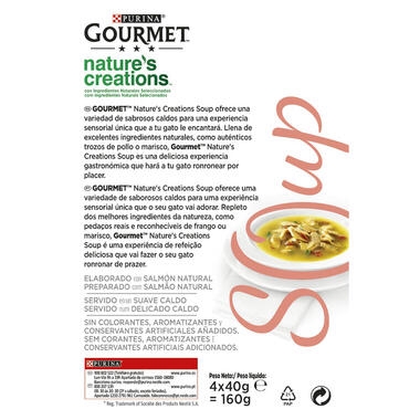 PURINA® GOURMET® Nature's Creations Soup con salmón natural y guarnición de verduras y con atún natural y guarnición de gamba