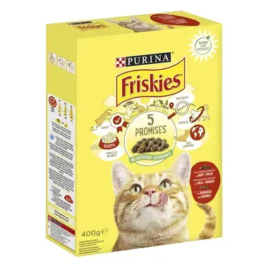 PURINA® FRISKIES® Adulto Gato con Buey, Pollo y Verduras Vista Frontal