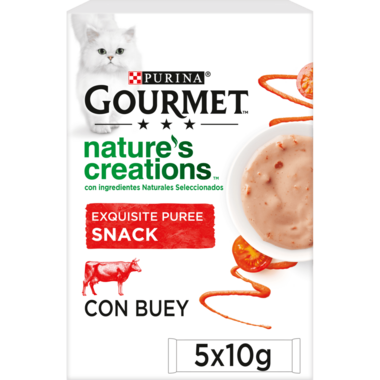 PURINA® GOURMET® NATURE'S CREATIONS Exquisito Puré Snack Liquido con Buey y Tomate Vista Frontal
