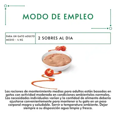 PURINA® GOURMET® NATURE'S CREATIONS Exquisito Puré Snack Liquido con Buey y Tomate Ración diaria y modo de empleo