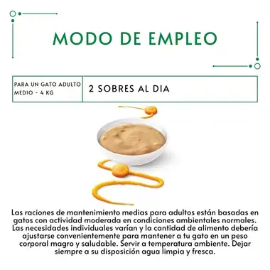 PURINA® GOURMET® NATURE'S CREATIONS Exquisito Puré Snack Liquido con Salmón y Zanahoria Ración diaria y modo de empleo