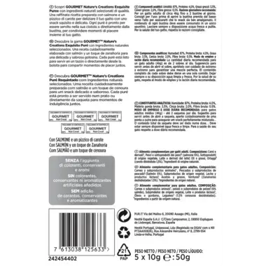 PURINA® GOURMET® NATURE'S CREATIONS Exquisito Puré Snack Liquido con Salmón y Zanahoria Vista Trasera
