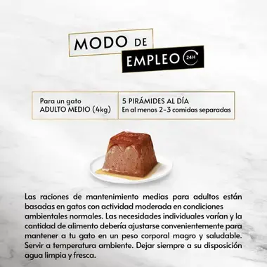 PURINA® GOURMET™ REVELATIONS™ Pirámide de Mousse, con Buey y cascada de Salsa Ración diaria y modo de empleo