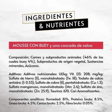 PURINA® GOURMET™ REVELATIONS™ Pirámide de Mousse, con Buey y cascada de Salsa Beneficios