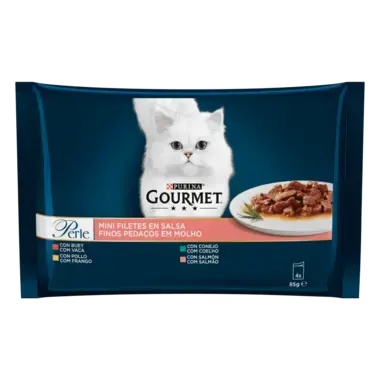 PURINA® GOURMET® PERLE Finas Láminas en Salsa con Buey, Pollo, Conejo, Salmón Vista Frontal