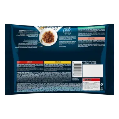 PURINA® GOURMET® PERLE Finas Láminas en Salsa con Buey, Pollo, Conejo, Salmón Vista Trasera