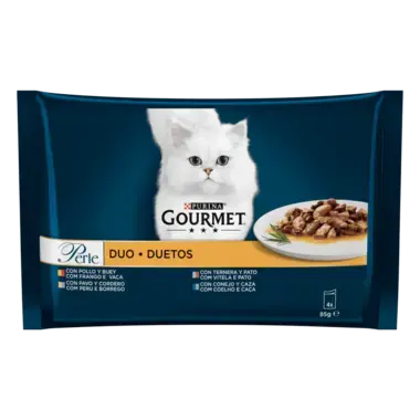 PURINA® GOURMET® PERLE Finas Láminas DUO con Carnes Delicadas Vista Frontal