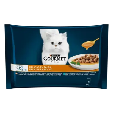 PURINA® GOURMET® PERLE Delicias en Salsa con Salmón y Atún Vista Frontal