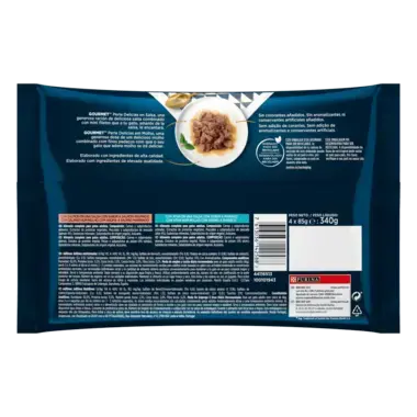 PURINA® GOURMET® PERLE Delicias en Salsa con Salmón y Atún Vista Trasera