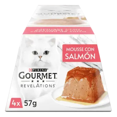 PURINA® GOURMET™ REVELATIONS™ Pirámide de Mousse, con Salmón y cascada de Salsa Vista Frontal