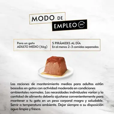 PURINA® GOURMET™ REVELATIONS™ Pirámide de Mousse, con Atún y cascada de Salsa Ración diaria y modo de empleo