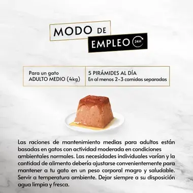 PURINA® GOURMET™ REVELATIONS™ Pirámide de Mousse, con Pollo y cascada de Salsa Ración diaria y modo de empleo