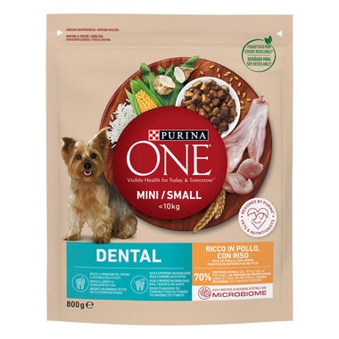 Purina ONE Mini Dental Pollo y Arroz Front Pack