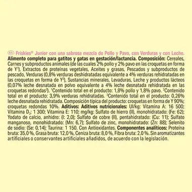 PURINA® FRISKIES®  Junior con Pollo, Pavo Verduras y Leche