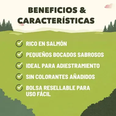 Beneficios de los snacks: rico en salmón, ideal para adiestramiento, sin colorantes y en bolsa resellable.