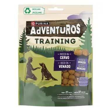 Bolsa de snacks Purina Adventuros Training de salmón para cachorros. Bocaditos bajos en grasa para entrenamiento.
