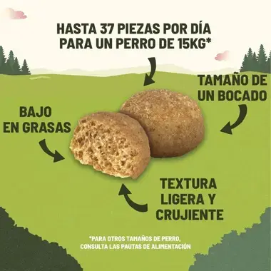 Infografía de premios para perro: bajos en grasa, textura crujiente, tamaño bocado y dosis de hasta 37 piezas al día.