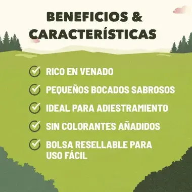 Infografía de premios para perro: rico en venado, ideales para adiestramiento, sin colorantes y en bolsa resellable.
