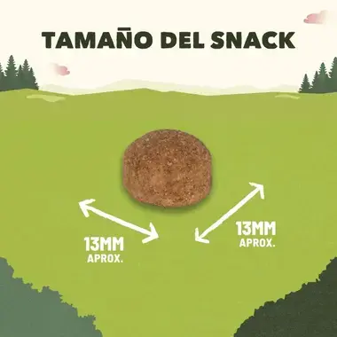 Tamaño del snack para perro: una pieza circular de aproximadamente 13 mm de diámetro.