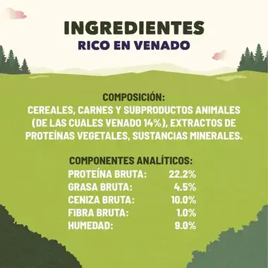 Ingredientes: rico en venado (14%), cereales y minerales. Incluye tabla de componentes analíticos del snack.