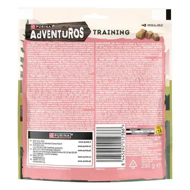 Reverso de bolsa Purina Adventuros Training: tabla nutricional, ingredientes, guía de alimentación y código de barras.