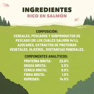 Lista de ingredientes y componentes analíticos del snack rico en salmón, incluyendo 22% de proteína y 2,5% de grasa.