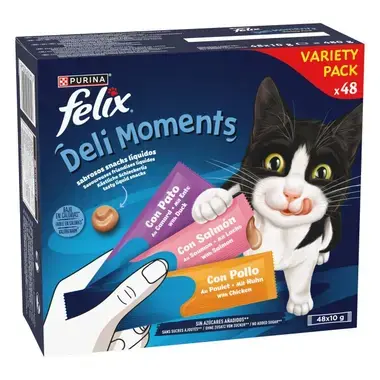 Pack 48 snacks líquidos Felix Deli Moments (pato, salmón y pollo). Caja azul con gato e ilustración de los sobres.