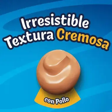Fondo azul con el texto "Irresistible Textura Cremosa con Pollo" y una gota de crema suave de color café claro al centro.