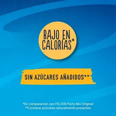 Fondo azul con "Bajo en calorías" en un círculo amarillo y "Sin azúcares añadidos" resaltado en una franja.