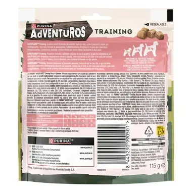 Reverso de bolsa Purina AdVENTUROS Training con tabla de ración diaria, ingredientes y código de barras. 115g.