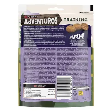 Reverso de bolsa Purina AdVENTUROS Training sabor venado, con tabla de raciones, ingredientes y códigos de barras. 115 g.