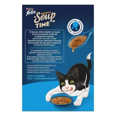Reverso de envase Felix Soup Time con descripción del producto, cuchara con caldo y gato comiendo de un tazón azul.
