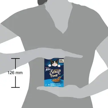 Silueta de persona sosteniendo caja de Felix Soup Time, con un indicador de altura que marca 126 mm.