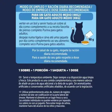 Instrucciones de alimentación y ración diaria de Felix Soup en español y portugués con gráfico de gato y sobre de 48 g.