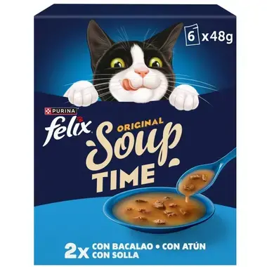 Caja de Purina Felix Soup Time para gatos, sabor bacalao, atún y solla. Contiene 6 sobres de 48g con caldo y trozos.