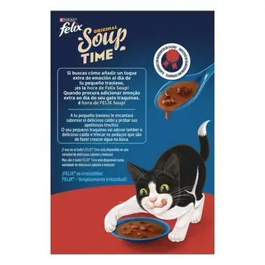 Reverso de caja Felix Soup Time con descripción del producto en español y portugués, junto a un gato frente a su plato.