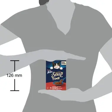 Silueta de una persona sosteniendo la caja de Felix Soup Time para mostrar su escala. Altura indicada: 126 mm.