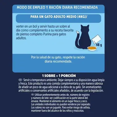 Guía de modo de empleo y ración diaria recomendada para gatos: un sobre al día como complemento al pienso Purina.
